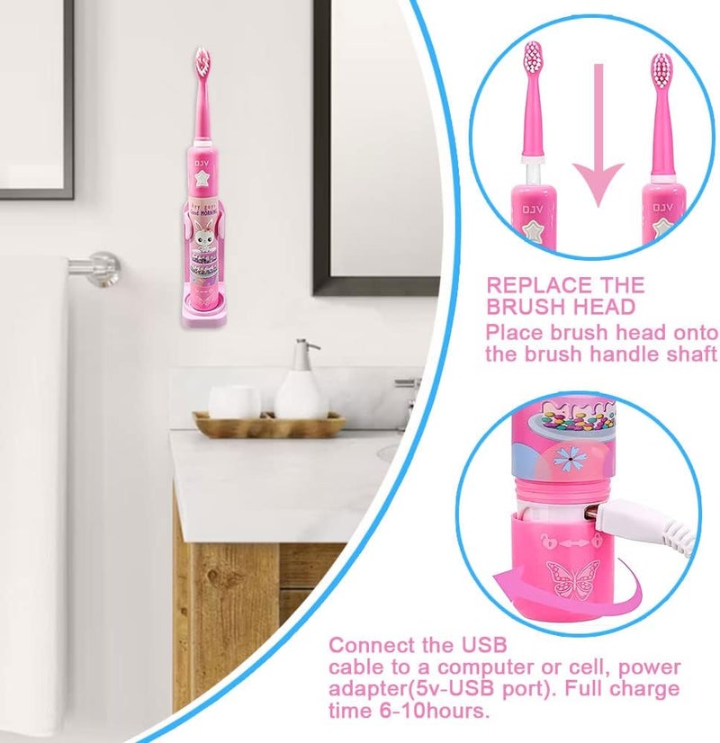 OJV 8620 Musical Electric Toothbrushes for Kids Children, 3 Modes 2 Min Timer, 6 Bristles Rechargeable Power Smart Sonic Music Play Song Toothbrush for Girls Age 3-14 with Wall Mounted Holder (Pink) - Image 5